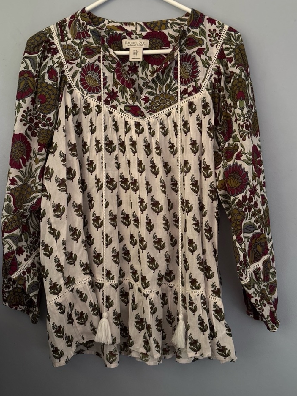 Rachel Zoe Boho Cream Floral Peasant Tunic with Burgundy & Olive Detail